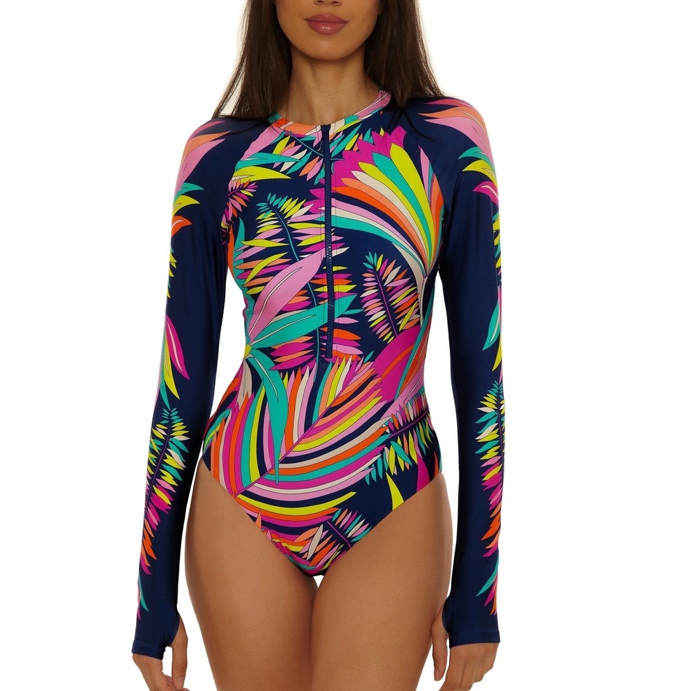 Trina Turk Paralia‎ Long-Sleeve Zip-Up Paddle Suit, Rash Guard Size Medium